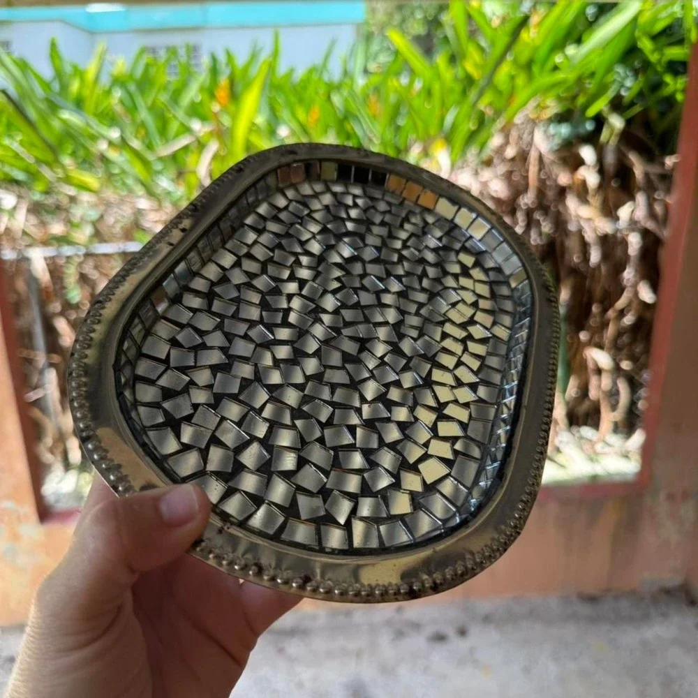 Oval Mirror Mosaic Tray‎ Silver Tone Glass Metal Decor Serving 11